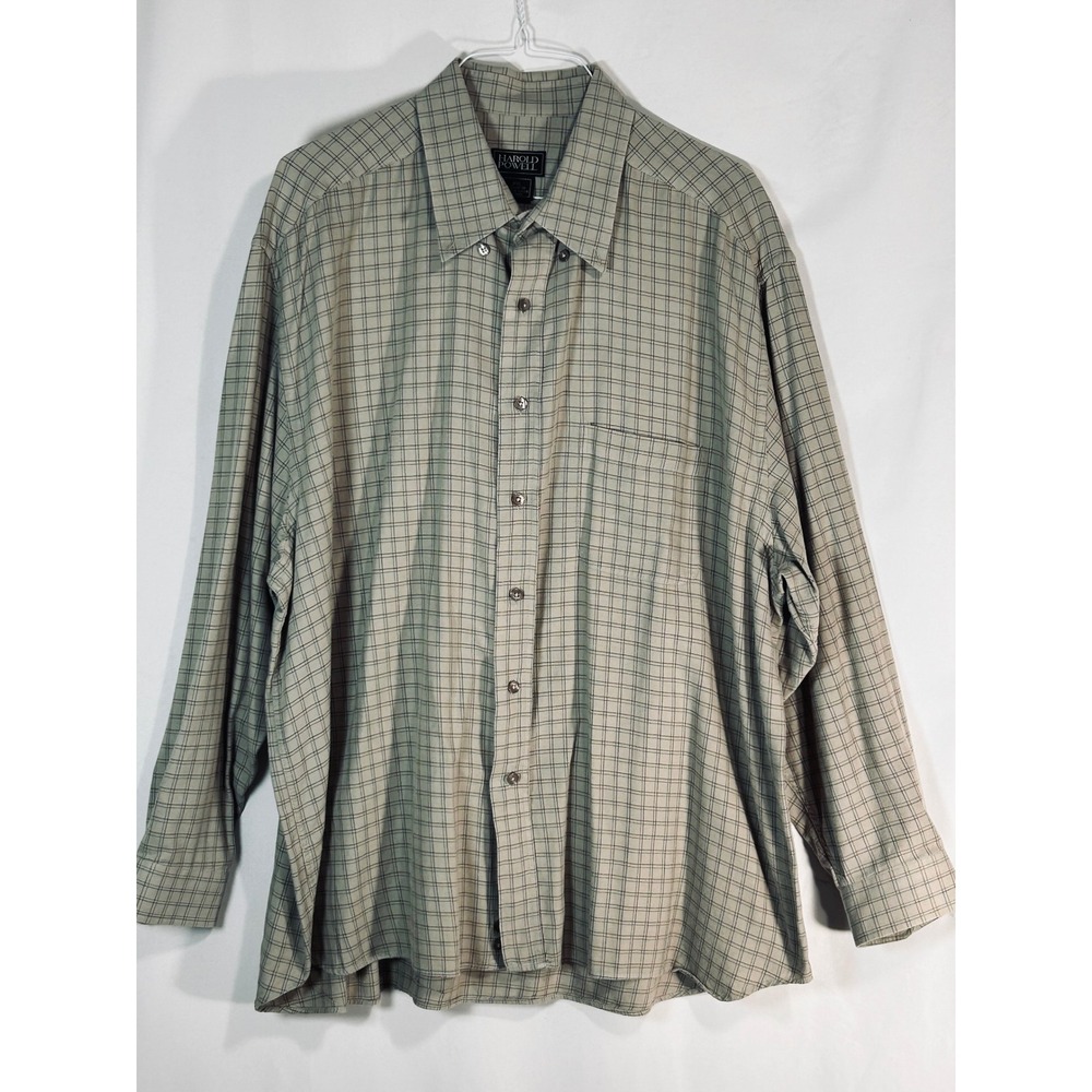 Harold Powell Mens XXL Button Down Shirt Long Sleeve Cotton Grid Check Tan Green